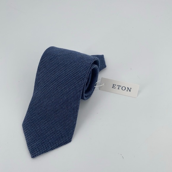 Eton Tie Mens One Size Blue Herringbone Knit Wool Blend Luxury Necktie Italy NWT
